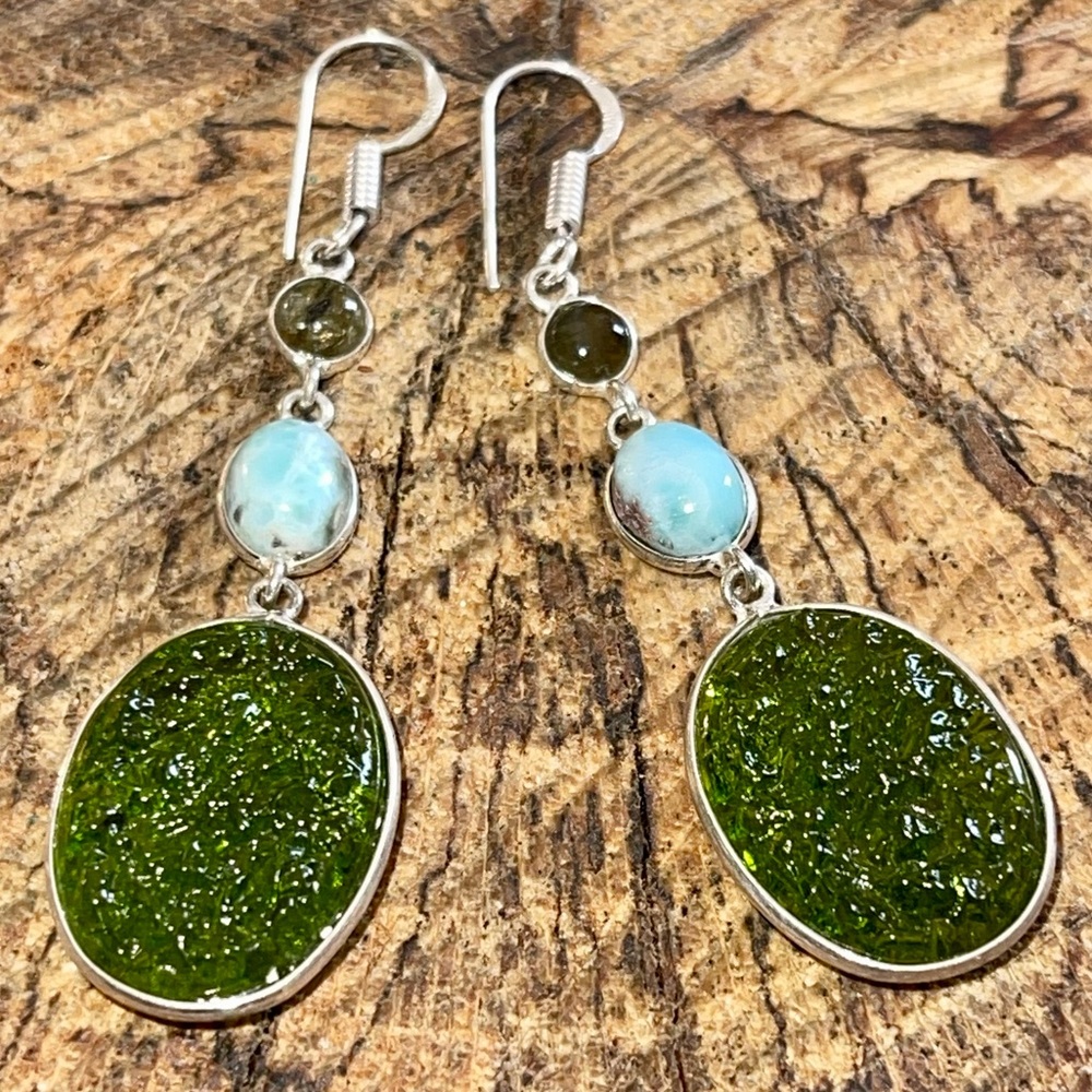 Labradorite & Caribbean Larimar Earrings 2 1/2” - Picture 8 of 10